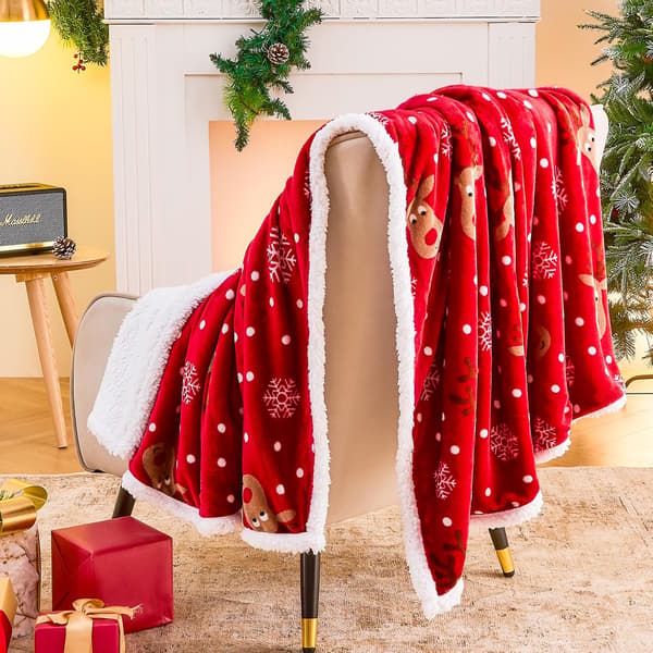 Julekastetæppe, Blødt Fleece Sherpa Vinterferietæppe med Rensdyr- og Snefnugdesign til Seng, Sofa og Sofagruppe