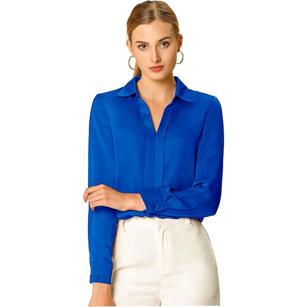 Allegra K Kvinnor S Office Elegant V-ringad blus Långärmad arbetsskjorta Royal Blue X-Large