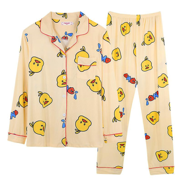 Söt pyjamas för damer i bomull, flickor, långärmade toppar+byxor med fickor Polka Dot Casual Lounge Wear yellow duck M