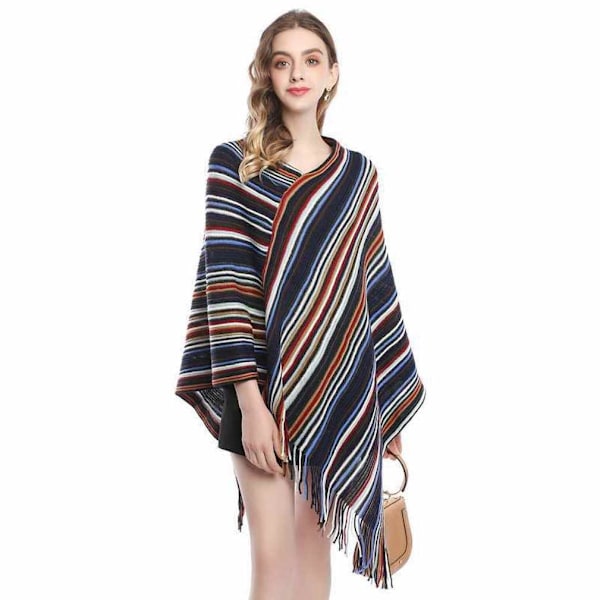 Randig Poncho Lös Batwing Blus Lång Cape Virkad Tröja Kappa med Tofs för Dam