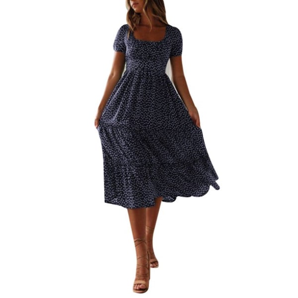 Heta kvinnors kortärmade print sommar Casual medellång swingklänning Nauy Blue XL