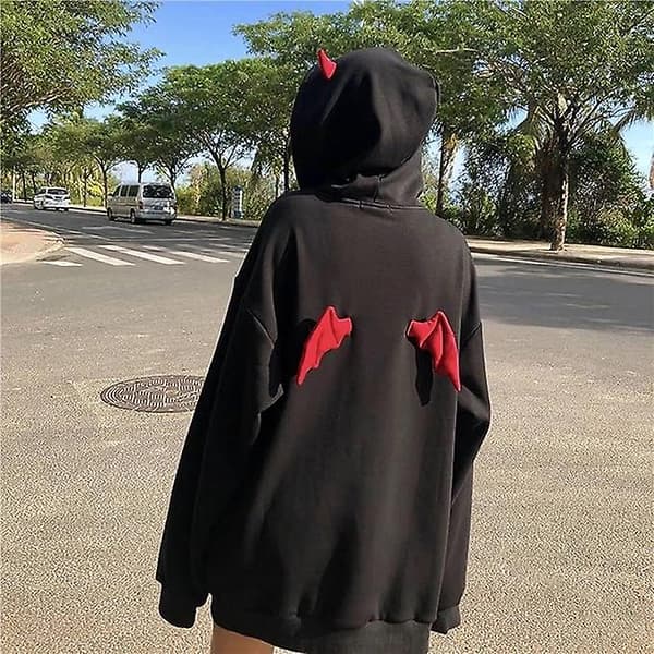 Dam Djävul Vinge Hooded Sweatshirt Casual Lös Långärmad Huvtröja Pullover Toppar M