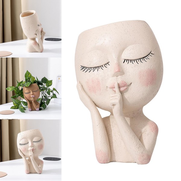 1/2 Girl Face Head Skulptur Plant Kruka Kaktus Blomkruka Ornament Dekor 1 Pc