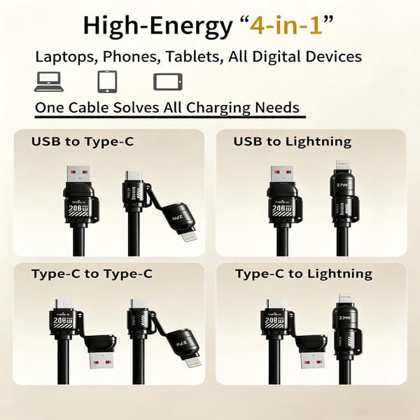 4-i-1 spiralformad USB-C-laddningskabel snabbladdningskabel för iPhone Android 65W + PD 27W infällbar fjäderdatakabel stöder CarPlay & CarLife