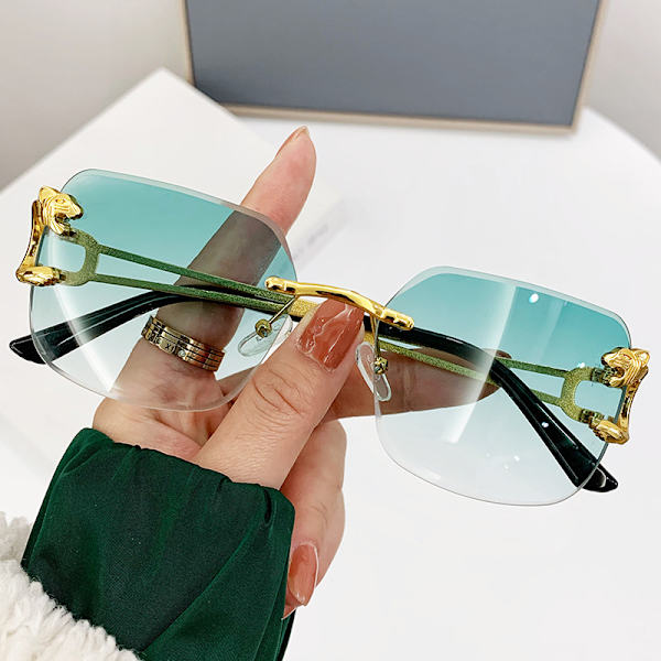 Snygga kantlösa solglasögon för män och kvinnor Modepersonlighet leopard spegel solglasögon glasögon med ben Gradient tea