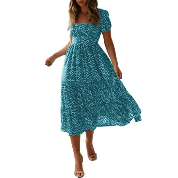Heta kvinnors kortärmade print sommar Casual medellång swingklänning Blue XL