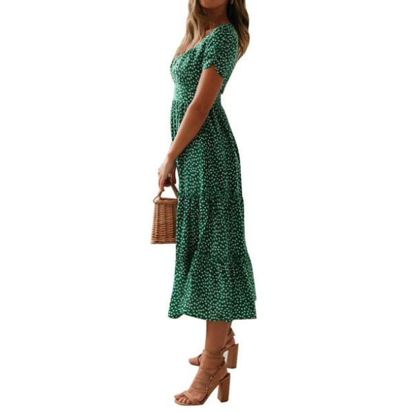 Heta kvinnors kortärmade print sommar Casual medellång swingklänning Green 2XL