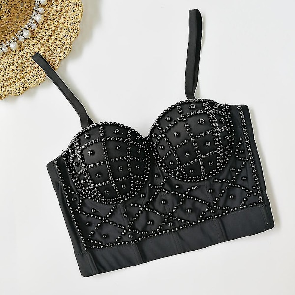Utsökta pärlor Rhinestone Cropped Toppar Dam Bustier Vit Linne Rave Festival Club Party Topp Underkläder Camis black 38C