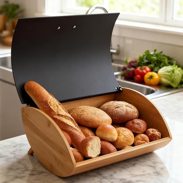 Bambus brødboks arrangør, gårdshus, multifunksjonell, stor kapasitet, brødoppbevaring for kaker, bakeri, kaffebar, disk