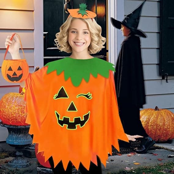 Græskar Kostume til Kvinder Voksen - Halloween Kostumer Poncho med Pandebånd Taske