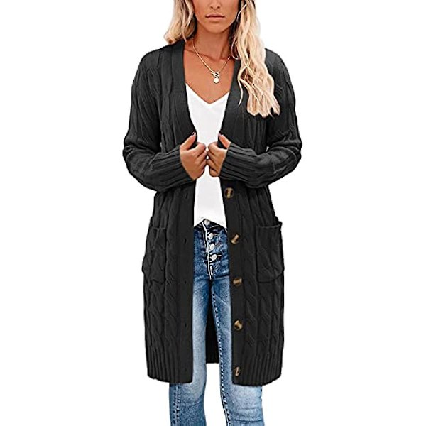 Lång cardigan, kabelstickad tröja för dam Långärmad tröja med öppen knapp framtill Ytterkläder med fickor för höst och vinter Army Green M