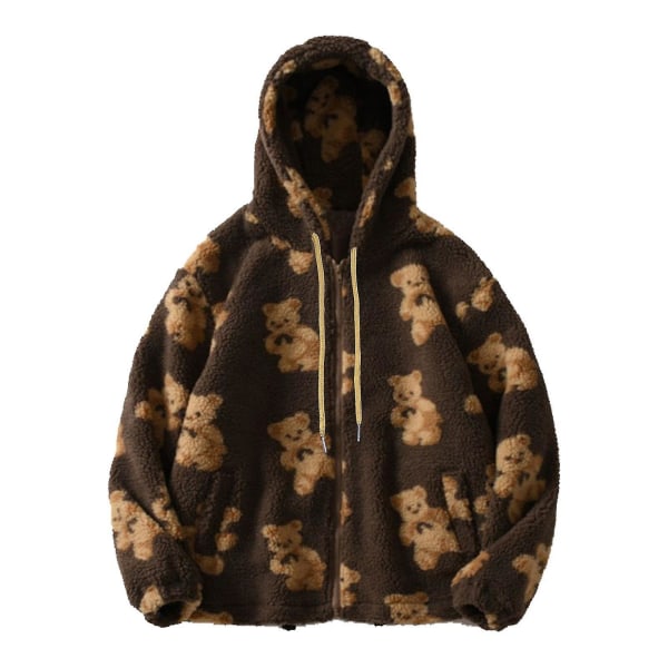 Teddy Bear Print Varm Jacka För Dam Brown L