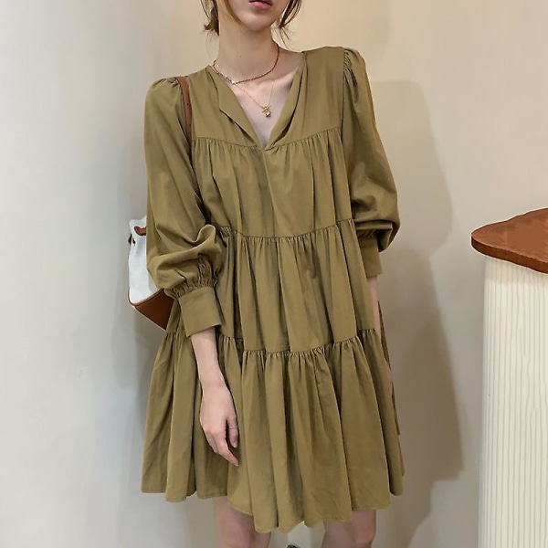 Vår Kvinna Lös Casual V-ringad Enfärgad Oversize Långärmad Minimalistisk Bred fåll Plisserad Rak Klänning Grön One Size as shwon