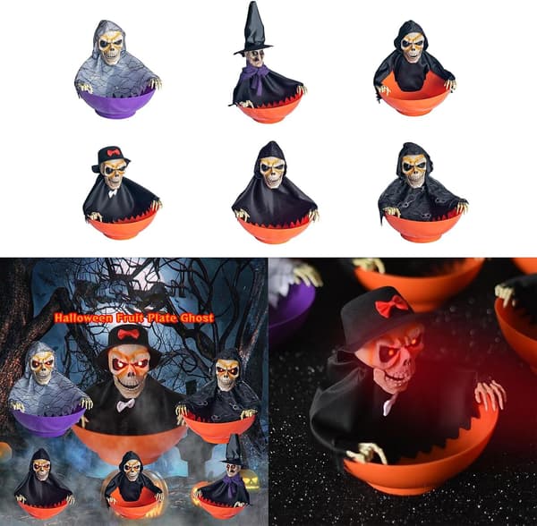 Halloween Godisskål, Rörelseaktiverad Spökfruktskål med Lysande Ögon & Skrämmande Ljud