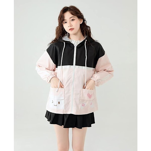 Kawaii Jackor Tonåringar Söt Katt Pocket Patchwork Luvtröja Tjejs japanska jacka Toppar Långärmad dragkedja Ytterkläder M