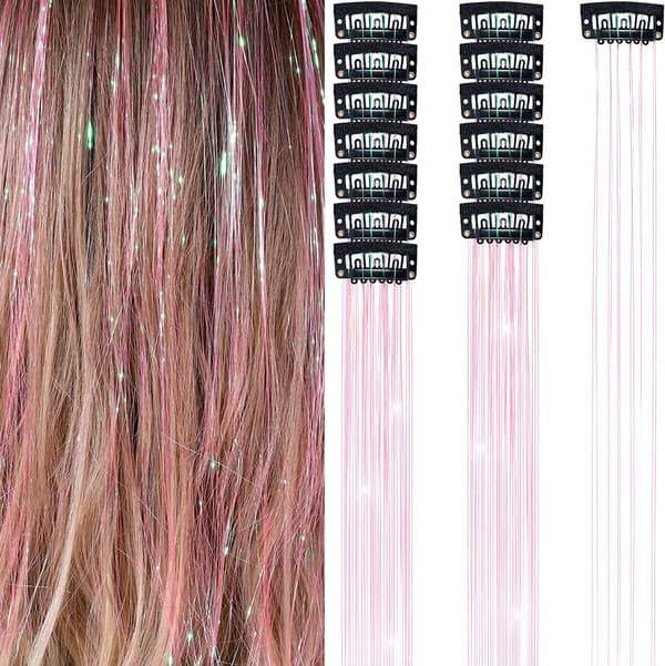 Clip-in Hår Glitter Extensions Sæt til Halloween Cosplay Fest Pink
