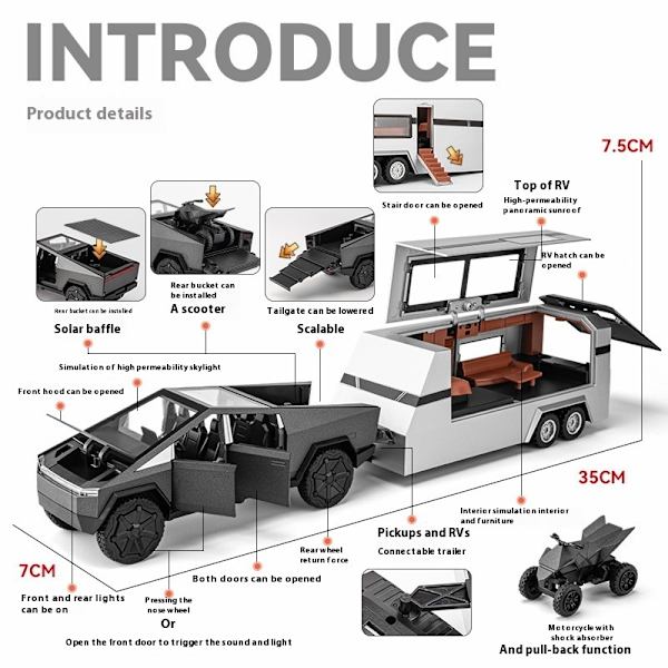 1/32 Tesla Cybertruck med Touring Car RV Caravan Diecast Leksaksmodell i Metall Miniatyrmodell Drag tillbaka Ljud Ljus Samling Present Pojke Silver