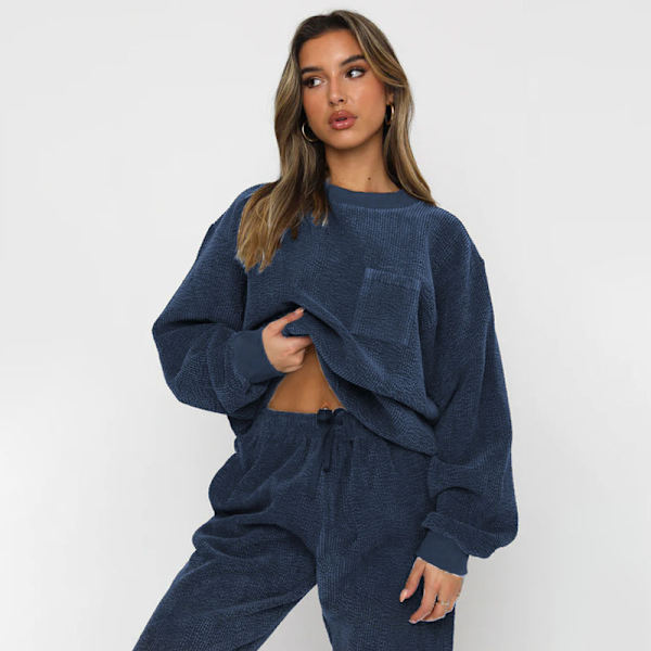 Höst och vinter ny korduroy enfärgad rund hals pullover långärmad tvådelad fashionabla långbyxor set för kvinnor black XXL