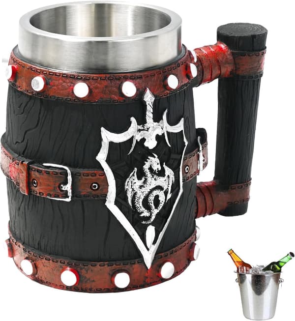 Fantasy RPG Drage- og Sverdølkrus - Håndlaget Harpiks Rustfritt Stål - Middelaldersk Trebøttedesign med Lærreimer - 21OZ