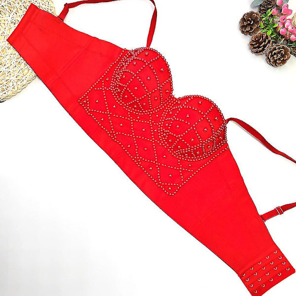 Utsökta pärlor Rhinestone Cropped Toppar Dam Bustier Vit Linne Rave Festival Club Party Topp Underkläder Camis red 38C