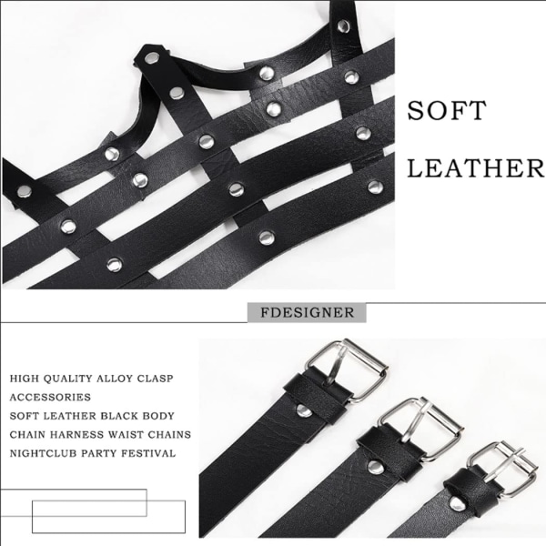 Svart Layered Läder BH Strap Body Chain Punk Sele