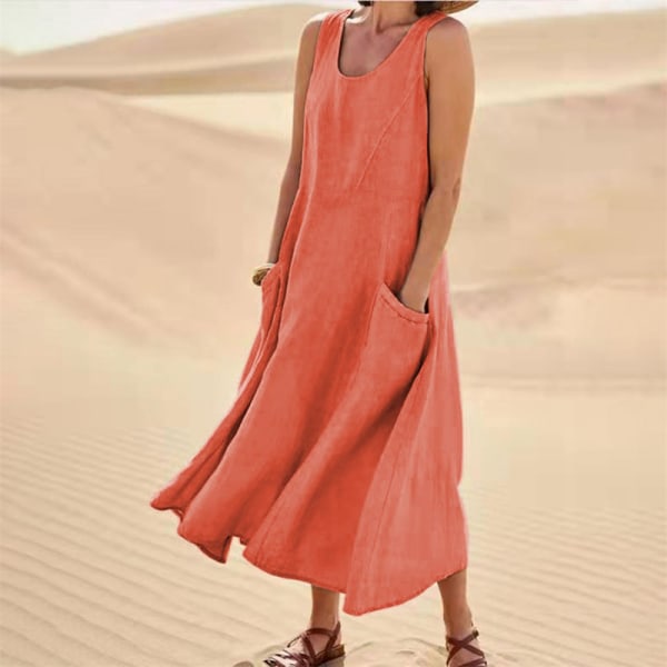 Ärmlö bomulllinneklänning för kvinnor med fickor Boho Style Beach Tank Dre orange s