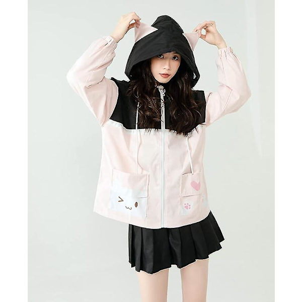 Kawaii Jackor Tonåringar Söt Katt Pocket Patchwork Luvtröja Tjejs japanska jacka Toppar Långärmad dragkedja Ytterkläder M