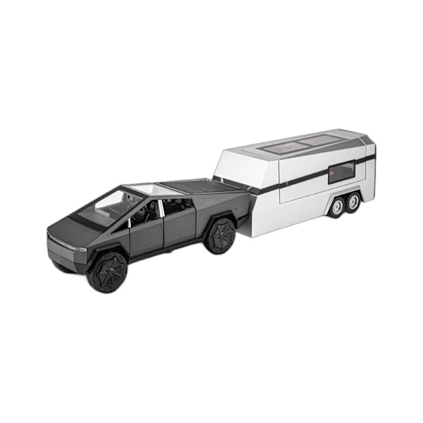 1/32 Tesla Cybertruck med Touring Car RV Caravan Diecast Leksaksmodell i Metall Miniatyrmodell Drag tillbaka Ljud Ljus Samling Present Pojke Silver