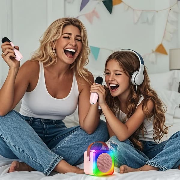 Karaokemaskin for barn med 2 mikrofoner, LED-lys og stemmeforvrenger, rosa, gave til gutter og jenter i alderen 5–12 år pink