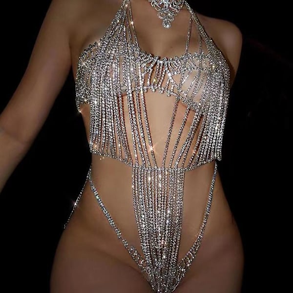 Fashion Rhinestone Multilayer Tofs Onesie Överdriven lyxig kroppskedja