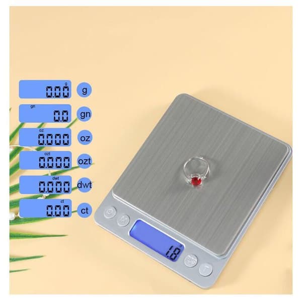 Elektronisk kjøkkenvekt 2000g/1g LCD, rustfritt stål, 6 enheter, tarafunksjon, multifunksjonell matvekt