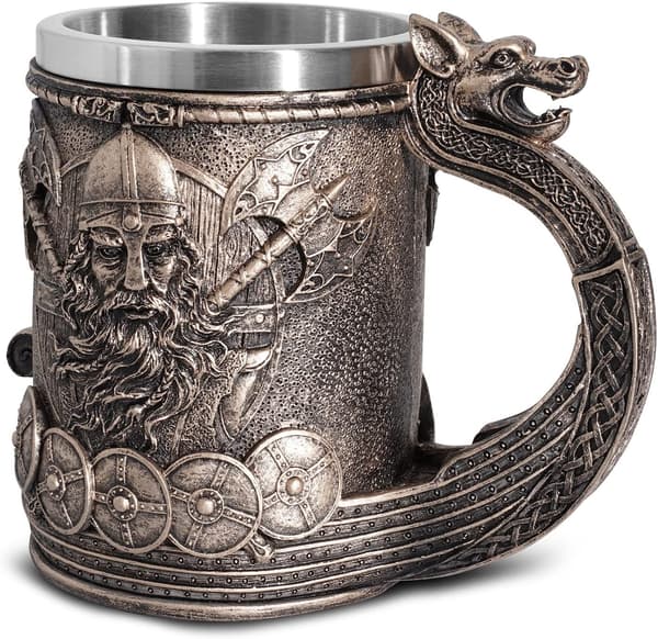 Noric Vikingaskepp Draon Drakkar Ölsejdel Rostfritt Stål Foder, Bronsfärg Vikingakrigare Kaffekopp Sejdel för Samlargåva 17oz.