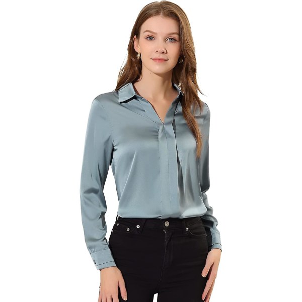 Allegra K Kvinnor S Office Elegant V-ringad blus Långärmad arbetsskjorta Grey Blue Medium