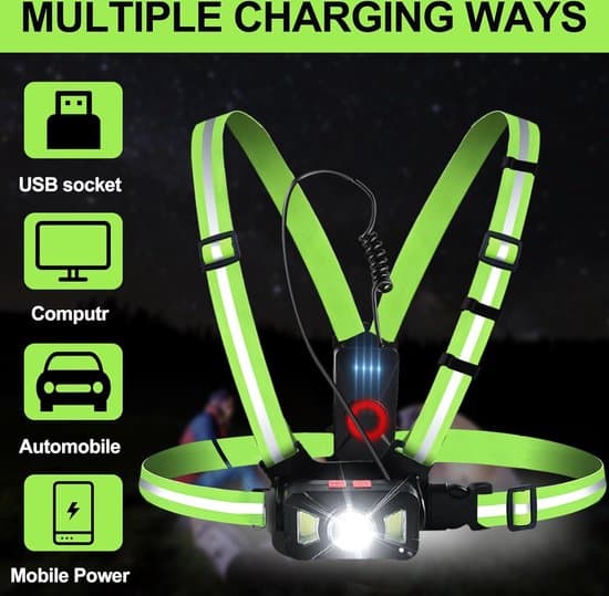Løpelys - Brystlys - Løpebrystlys - Brystlys for løpere og turgåere - USB oppladbart - Løpevest - IPX5 vanntett