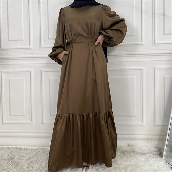 Women Plain Muslim Satin Maxi Dress Islamic Kaftan Long Sleeve Abaya Tie-waist Robe Ruffle Dresses Coffee 2XL