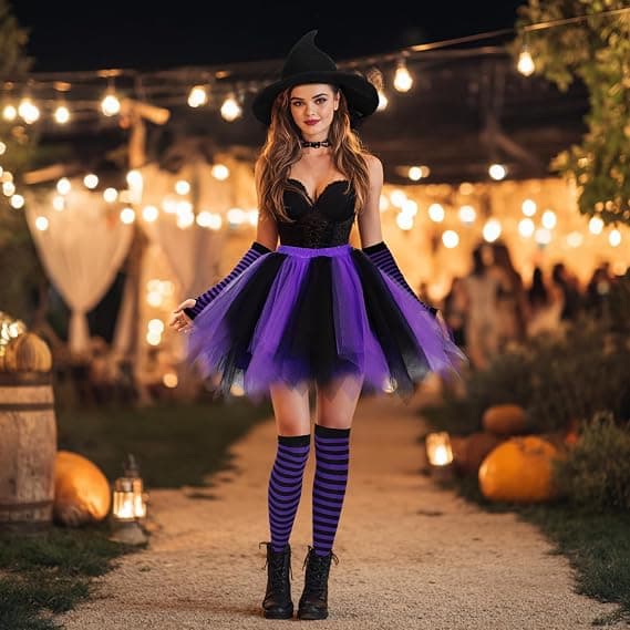 Halloween Heksekostumer til kvinder Gotisk Cosplay Heksehat Tutuskørt Stribede Knæstrømper Armvarmere Sæt A