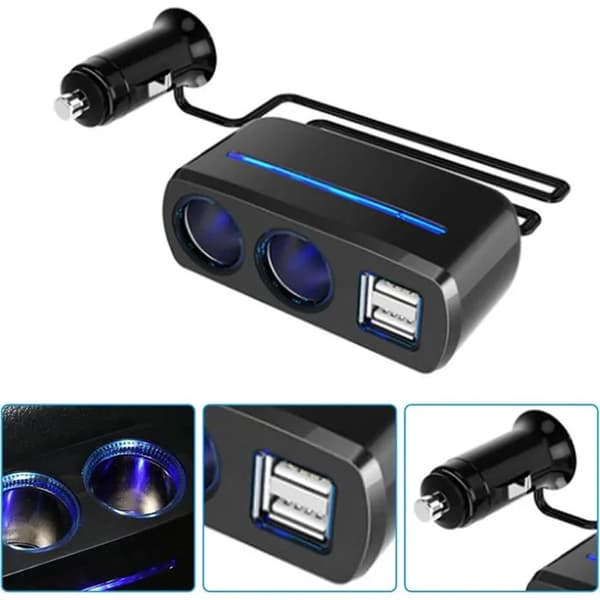 Biloplader - 2-i-1 Adapter - 2 USB-porte - 2 Cigartænderstik - 80W, 3.1A