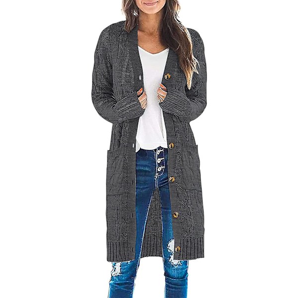 Lång cardigan, kabelstickad tröja för dam Långärmad tröja med öppen knapp framtill Ytterkläder med fickor för höst och vinter Gray M