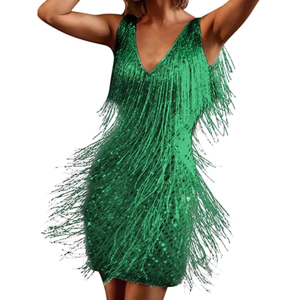 Dam Latin Dance Ärmlös glänsande paljetter Tofsar Scenframträdande Kostymklänningar Sexiga V-hals Fest Miniklänningar green 2XL