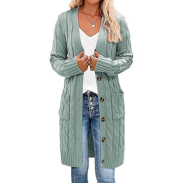 Dam långärmad kabelstickad lång kofta Öppen främre tröja med knappar Ytterkläder green 2XL