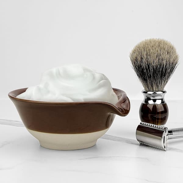 Keramisk rakskål, raktvålslödderkopp för män, bred mun barberar-skägg våtrakkrämkopp, brun