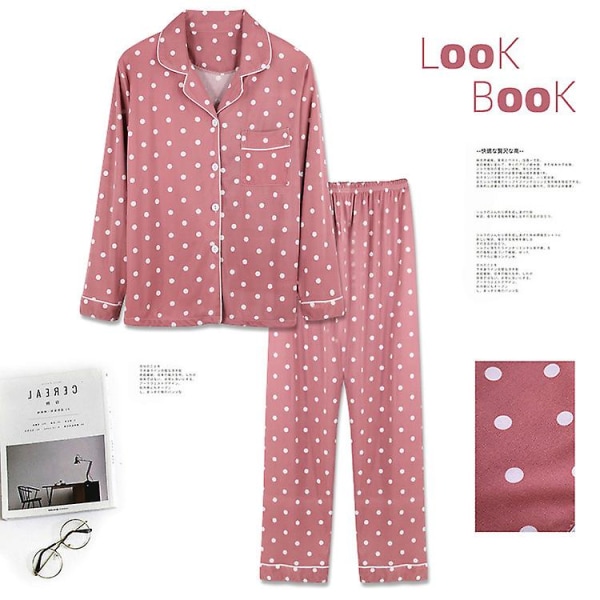 Söt pyjamas för damer i bomull, flickor, långärmade toppar+byxor med fickor Polka Dot Casual Lounge Wear pink plaid 2XL