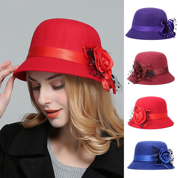 Filtmössa Fall Cloche Hink Blommös Cap Elegant Dam Jujube red