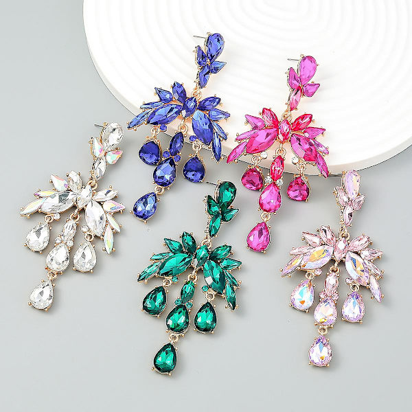 Teardrop Chandelier Örhängen, Teardrop Cluster Dangle Örhängen för kvinnor, Bohemian Flower Teardrop örhängen, Sparkling Teardrop Stud örhängen green