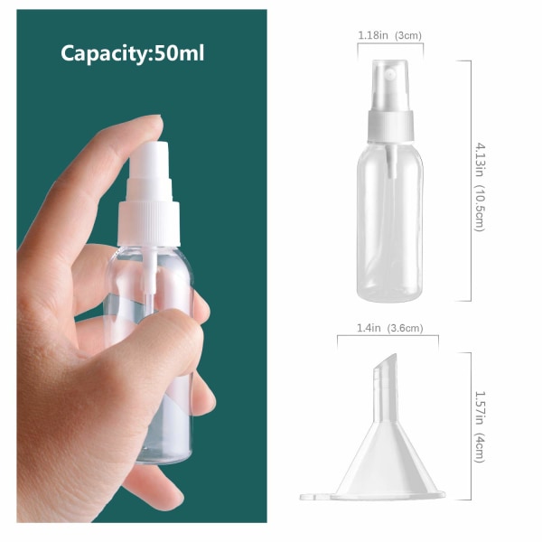 Sprayflaska, 2 oz/50 ml klar tom fin dimma plast mini reseflaska set, liten påfyllningsbar vätskebehållare med 2 trattar och 24 etiketter (pack med 6