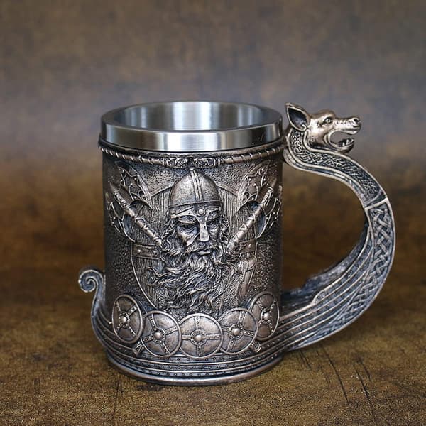 Noric Vikingaskepp Draon Drakkar Ölsejdel Rostfritt Stål Foder, Bronsfärg Vikingakrigare Kaffekopp Sejdel för Samlargåva 17oz.