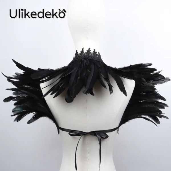 Sexig svart spetsfjädersjal för kvinnor cosplay halloween fjäder axelomslag fjäder falsk krage gotisk punk dam halsdukar Black