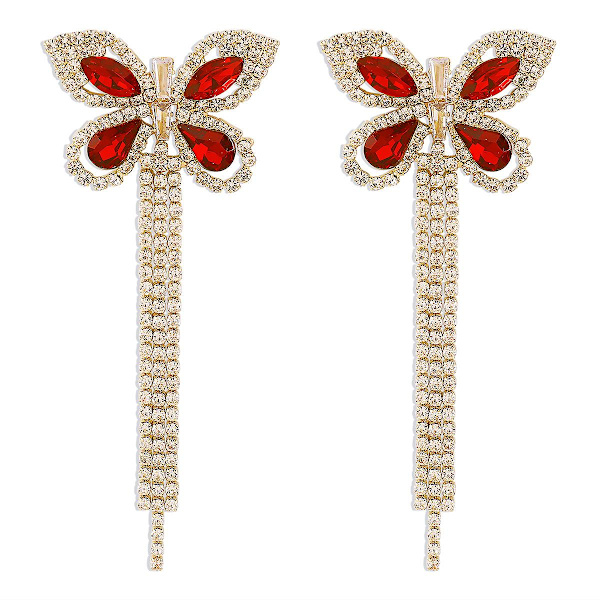 Lätt lyxiga klokedja örhängen fulla av diamanter Butterfly Tofs örhängen Temperament mångsidig dam design örhängen gold red