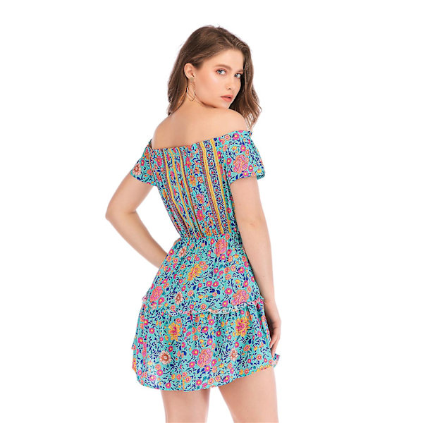Blommönster Print klänning Off Shoulder Sexig Kort Klänning Dam Semester Strandkläder grön XL green xl