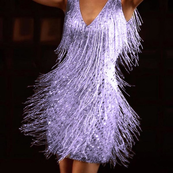 Dam Latin Dance Ärmlös glänsande paljetter Tofsar Scenframträdande Kostymklänningar Sexiga V-hals Fest Miniklänningar purple 2XL